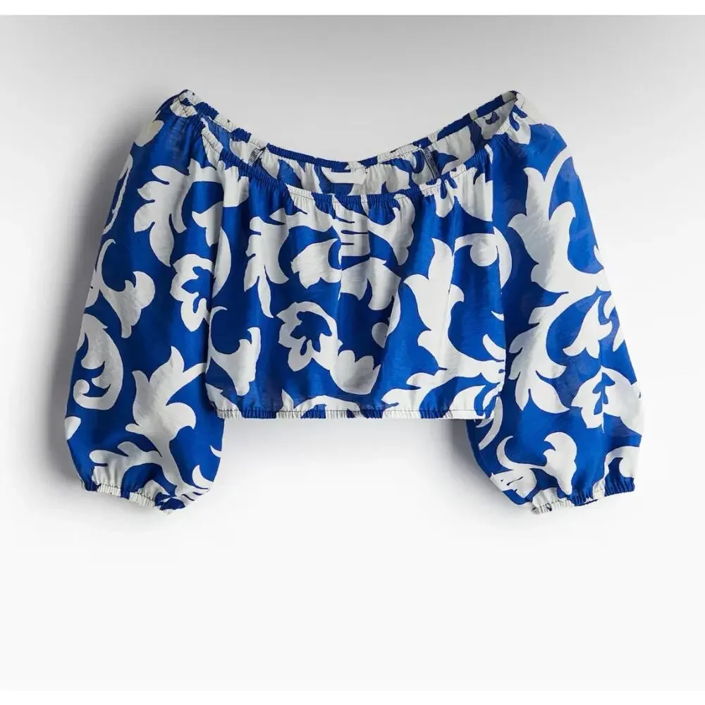 H&M Off the Shoulder Crop Top / Midi Skirt Set Blue White Size S/M